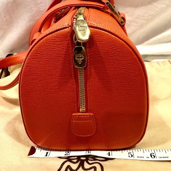 MCM Tangerine Pebbled Leather Satchel With Striking Gold Accents - Picture 4 of 12